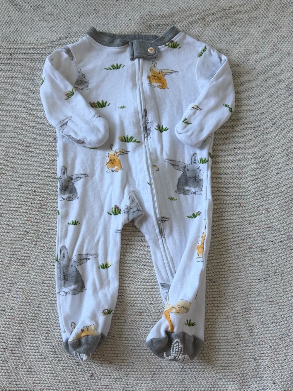 Burt's Bees White Footed One-Piece with Gray Trim and Bunny Print